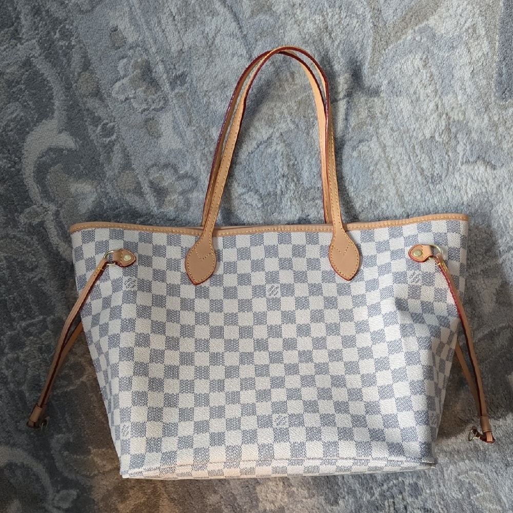 Checkered Azur MM Tote Bag with Tan Accents